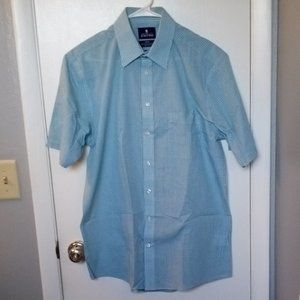 STAFFORD Men's dress shirt Reg Fit 16 Blue white and green checks short sleeves